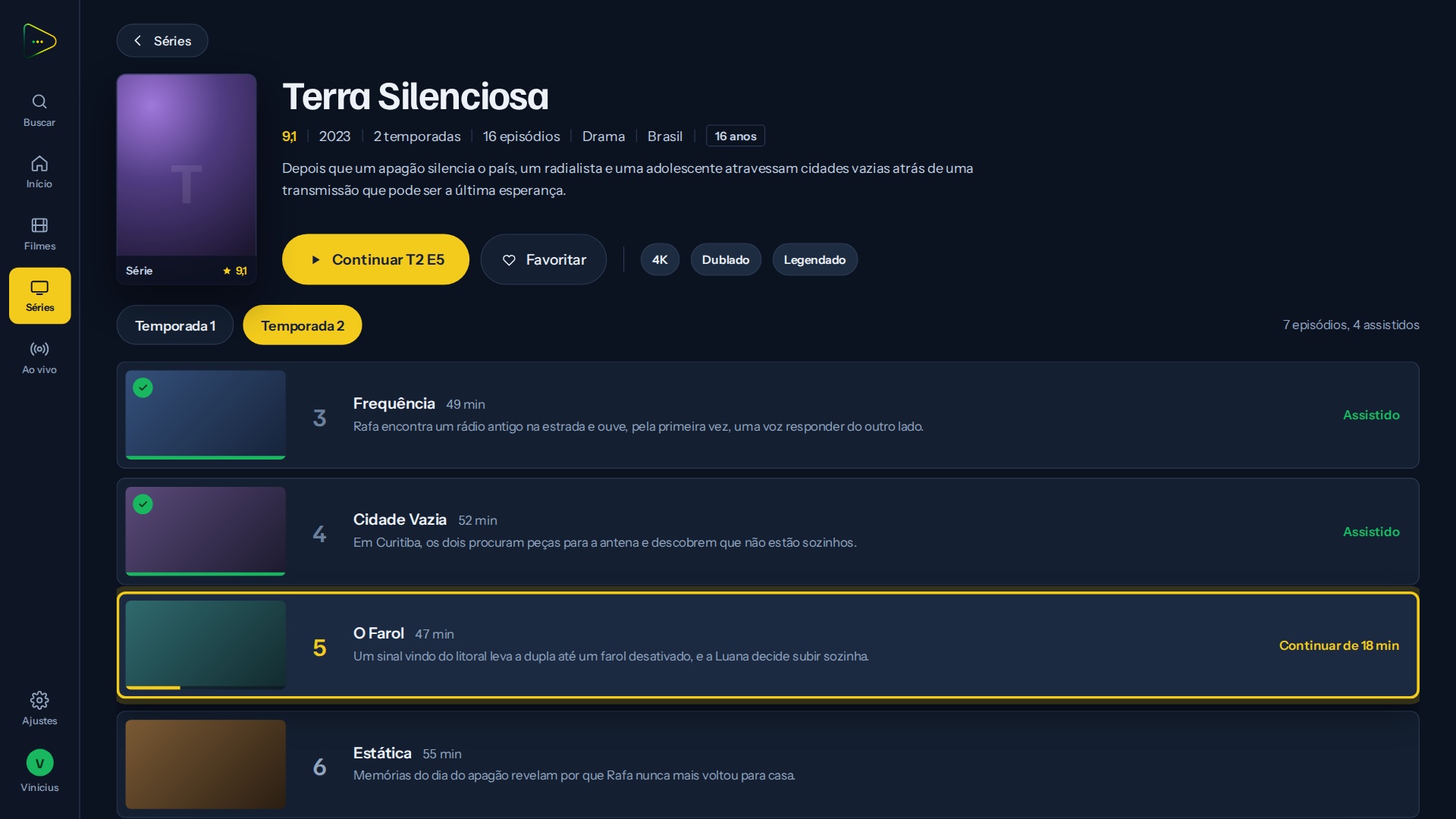 Tela de detalhes de séries do AmplaTV